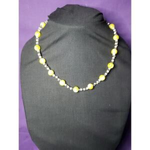 Bright Yellow Swirl Millefiori glass Beaded Necklace White & Clear Seed Beads